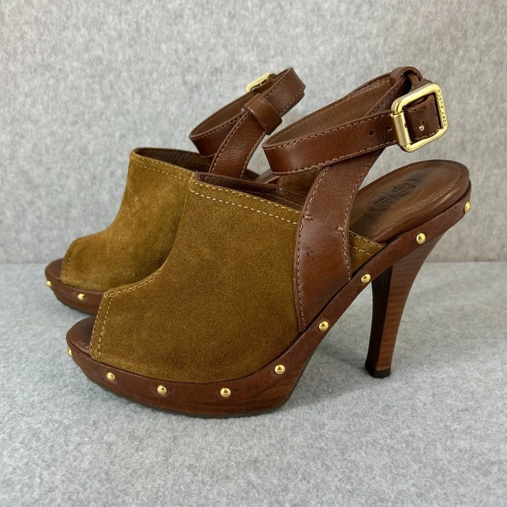 Tory Burch Bilson Heeled Clogs Shoes Brown Suede Leather Studded Womens Size 7